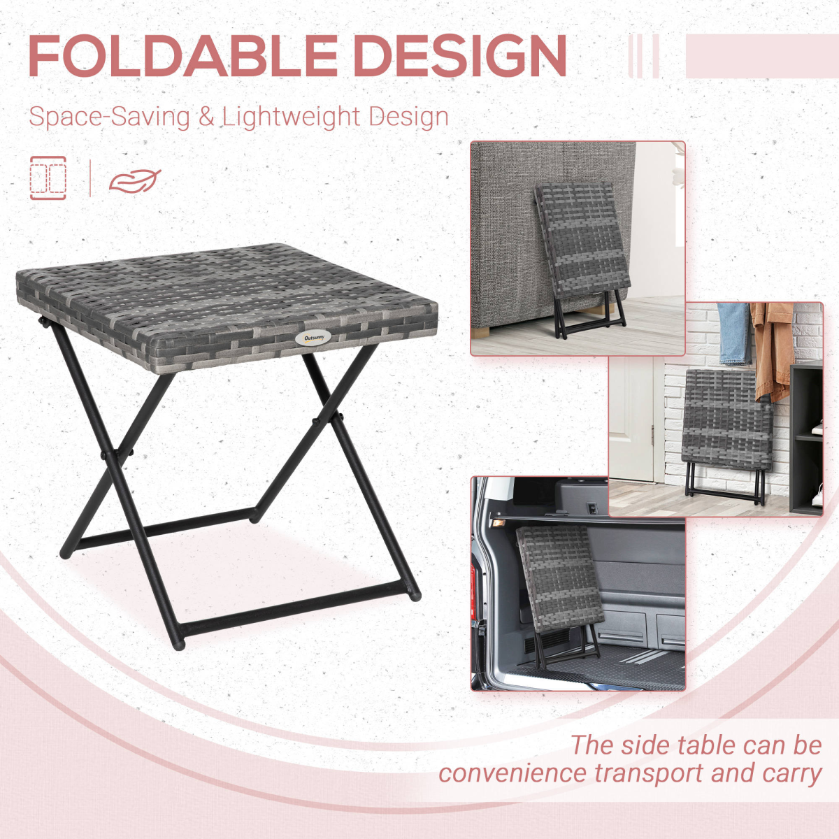 Folding Square Rattan Coffee Table Bistro Balcony Garden Steel  Esterno