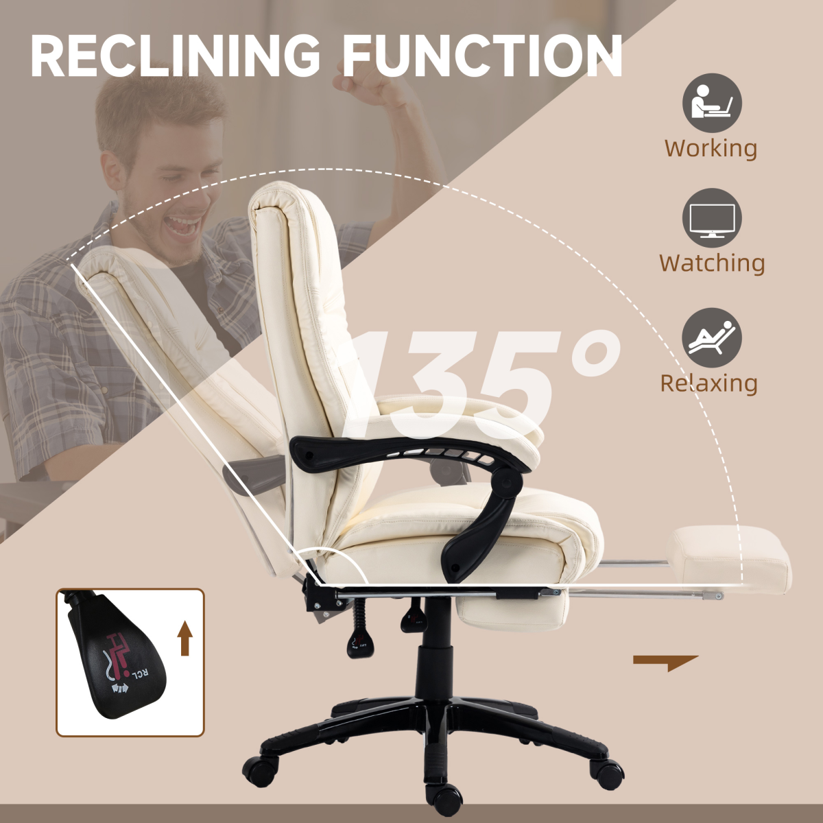 Luna Executive Home Office Chair High Back Recliner, with Foot Rest, Cream
