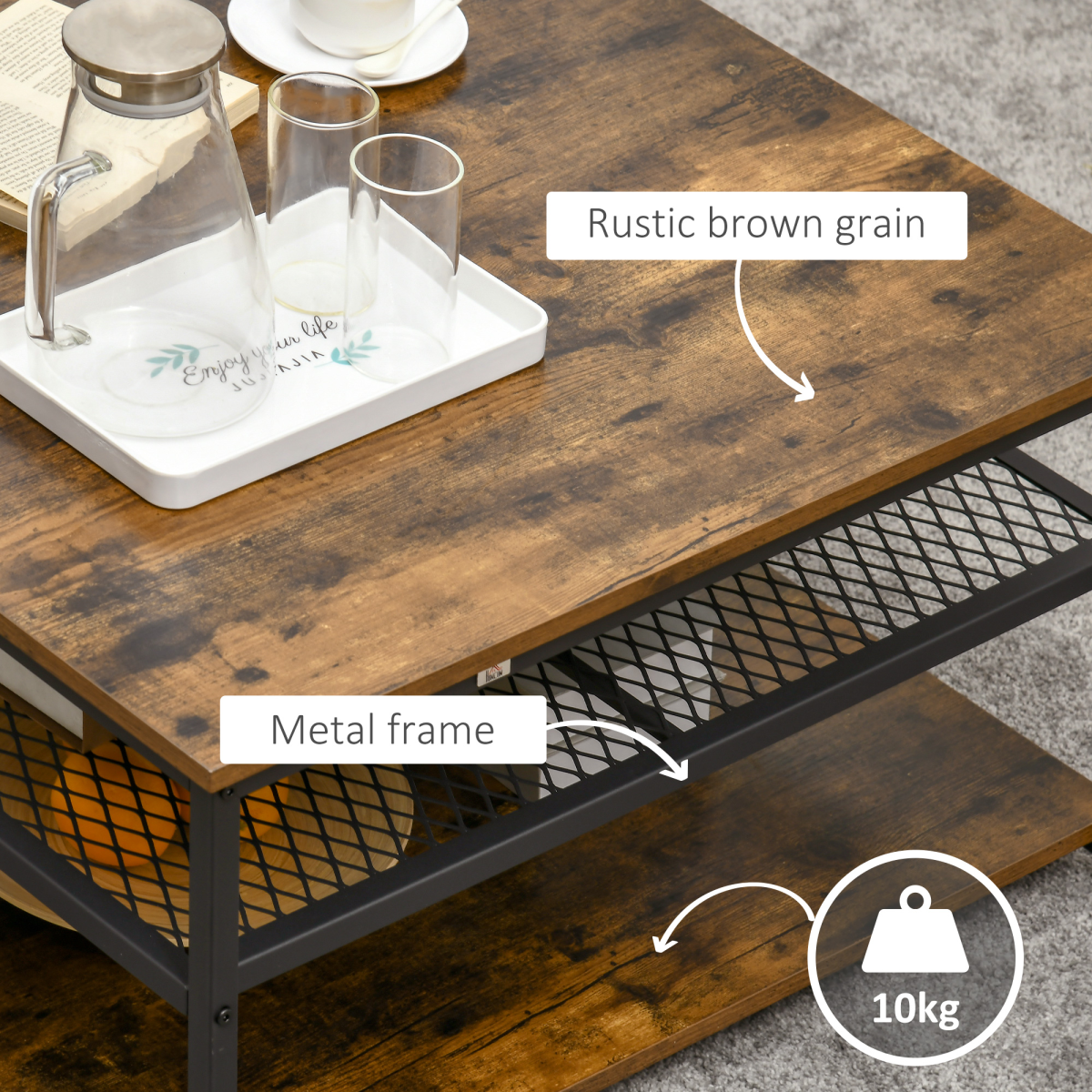 Aurora Industrial Coffee Table, Cocktail Table  Storage Shelves, Rustic Brown