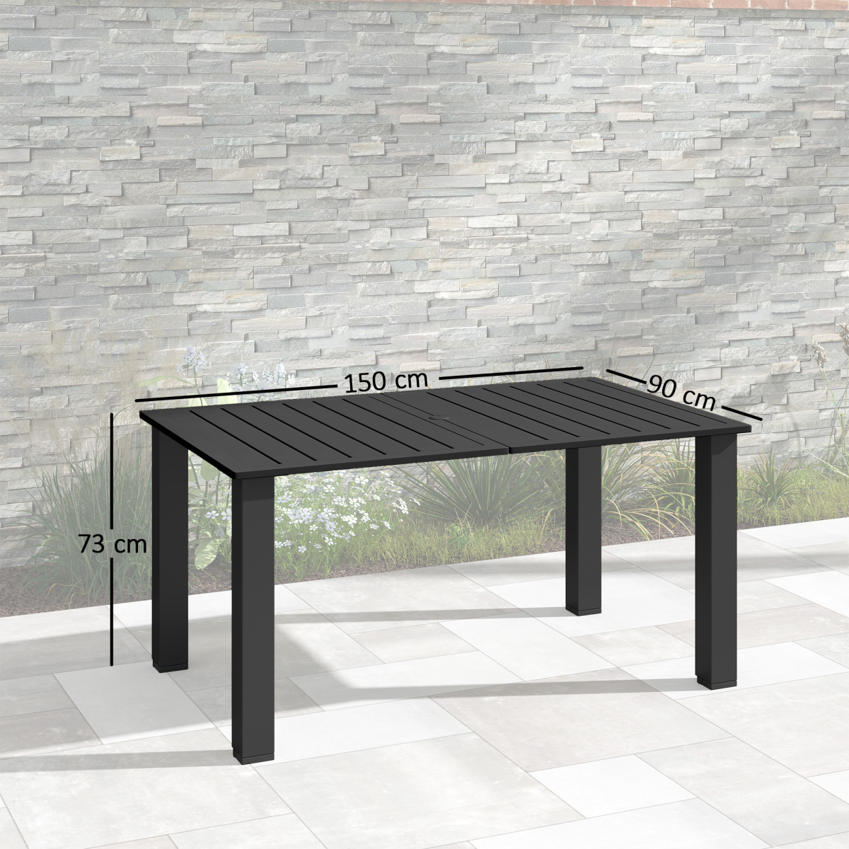 Esterno Garden Table with Parasol Hole, Slatted Metal Tabletop, Black