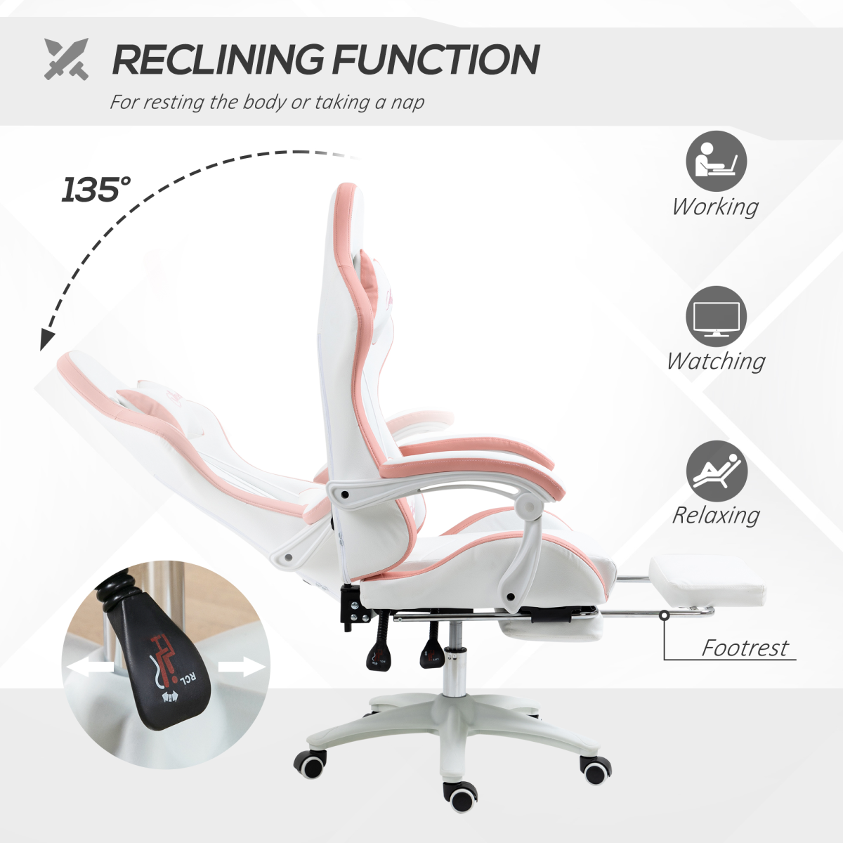 Luna Racing Style Gaming Chair with Reclining Function Footrest, Pink