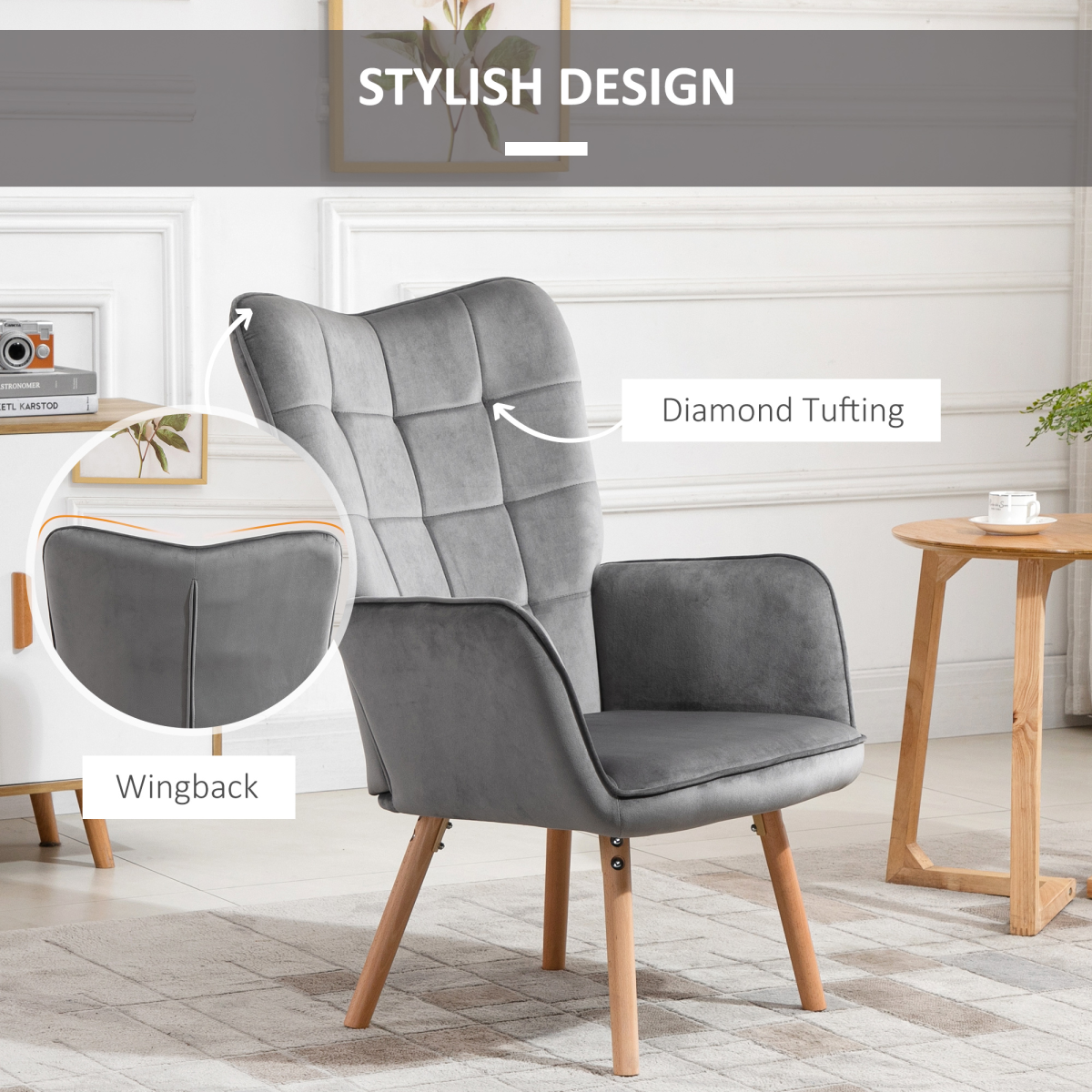 Aurora Modern Accent Chair Velvet-Touch Tufted Wingback Armchair Grey