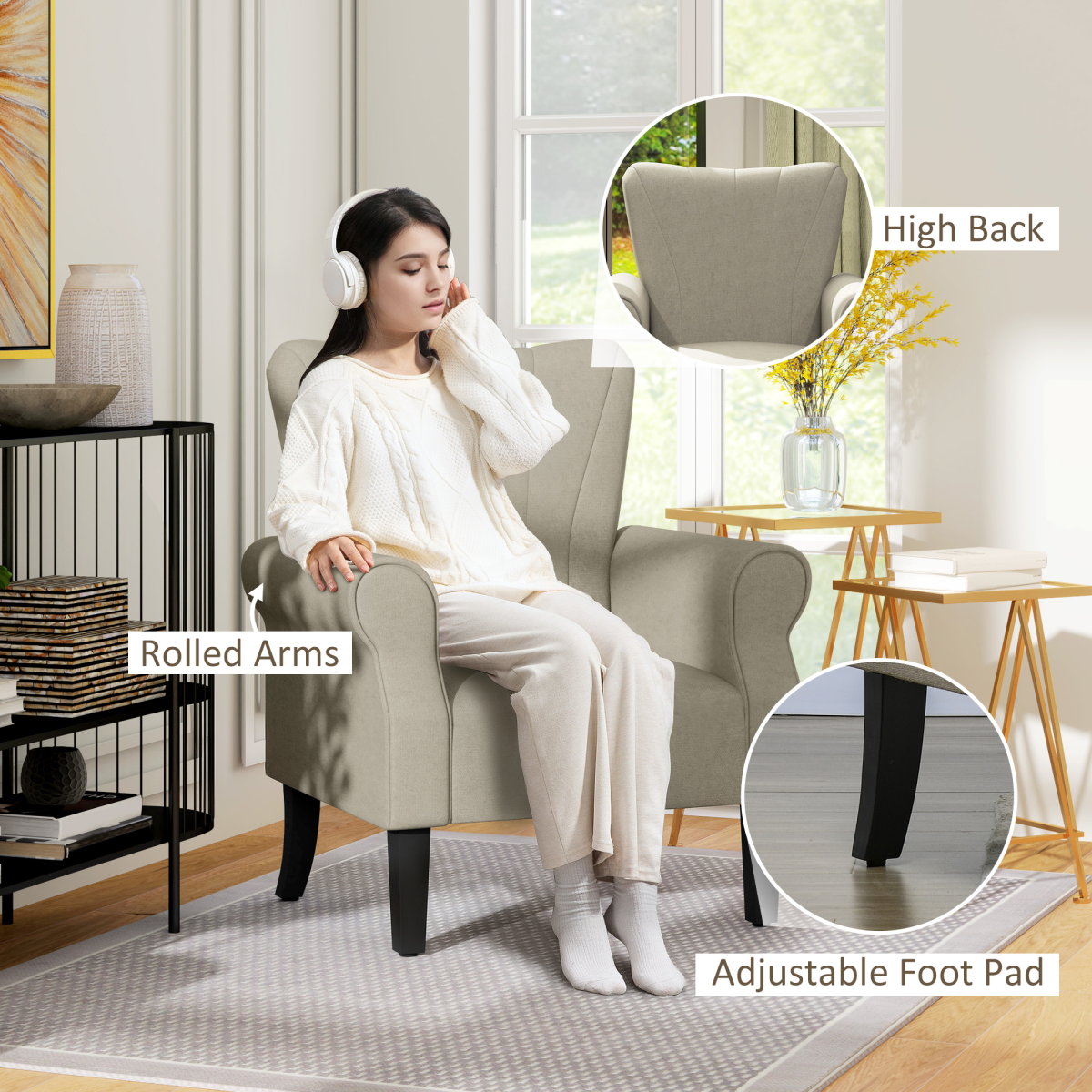 Aurora Armchair, Upholstered Modern Accent Chair with Wood Legs, Beige