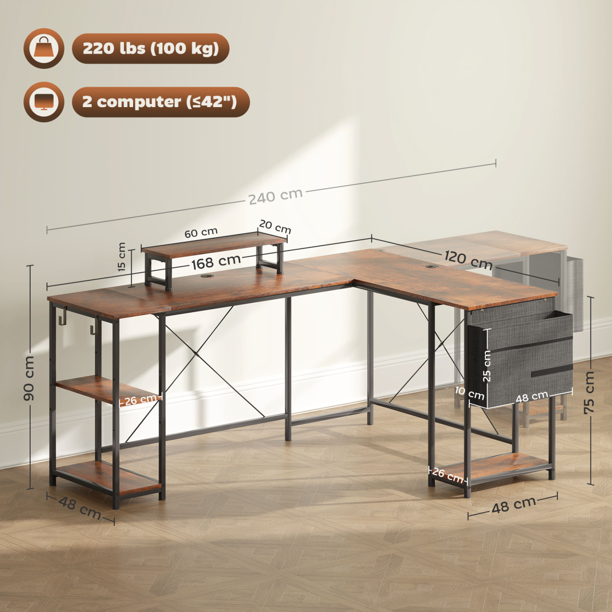 Aurora 168cm Reversible L Shaped Desk, 240cm Two Person Desk