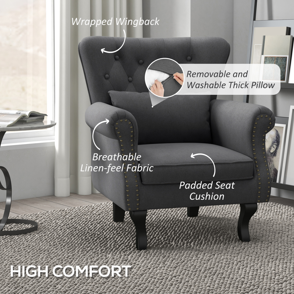 Aurora Vintage Armchair Wingback Accent Chair with Naihead Trim Dark Grey