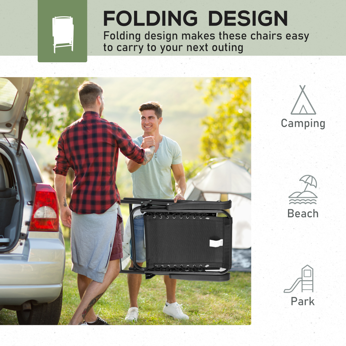 Esterno 2Pcs Outdoor Patio Folding Chairs, Portable Garden Loungers Black