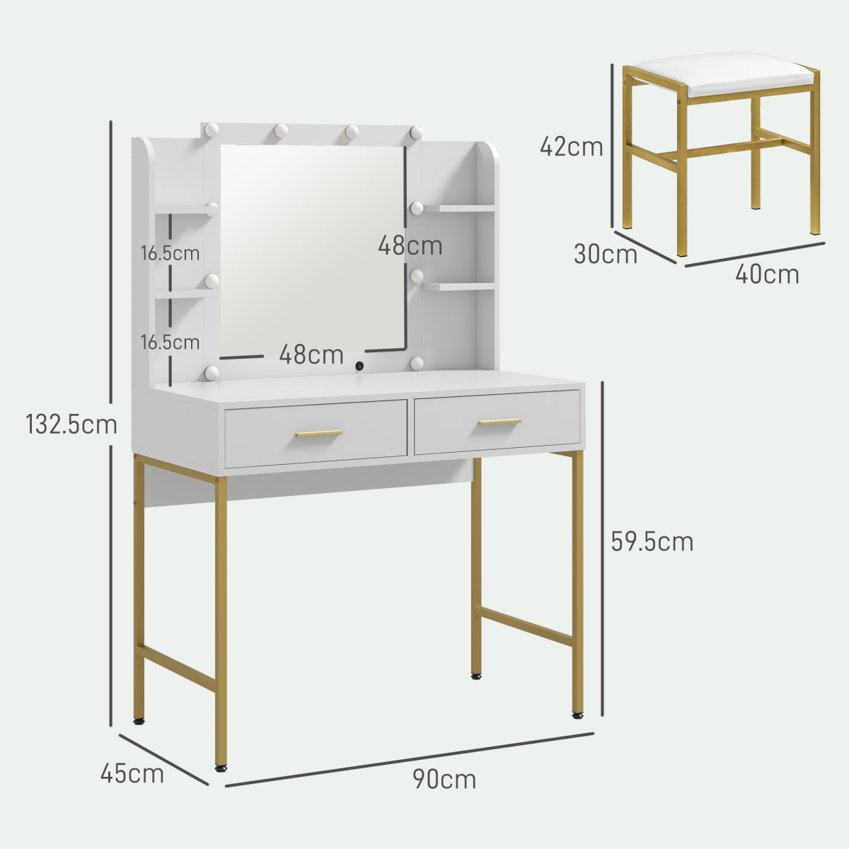 Aurora Makeup Vanity Desk Set with Lighted Mirror, Stool, Drawers