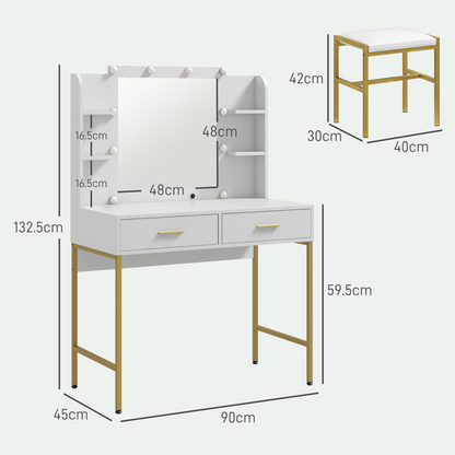 Aurora Makeup Vanity Desk Set with Lighted Mirror, Stool, Drawers