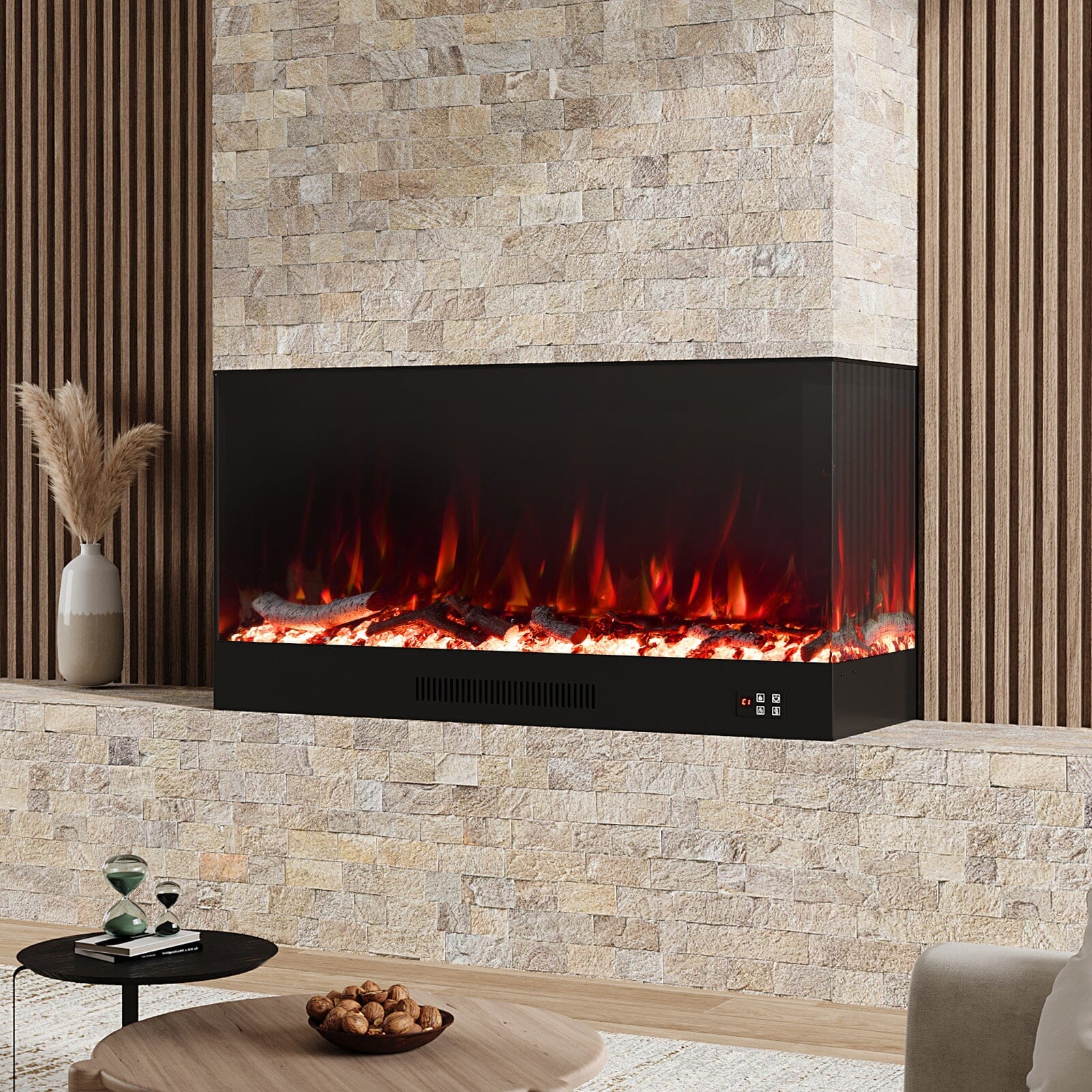 46/60inch L-Shaped Electric Fireplace – WiFi Control, LED Display, Resin Logs & Crystal Stones with Heating Living and Home 46inch 