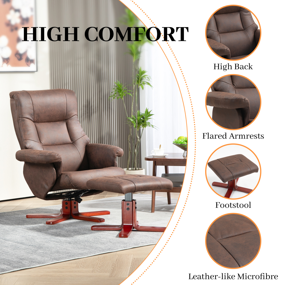Aurora Recliner Chair with Footstool, Backrest Adjustable, Armchair