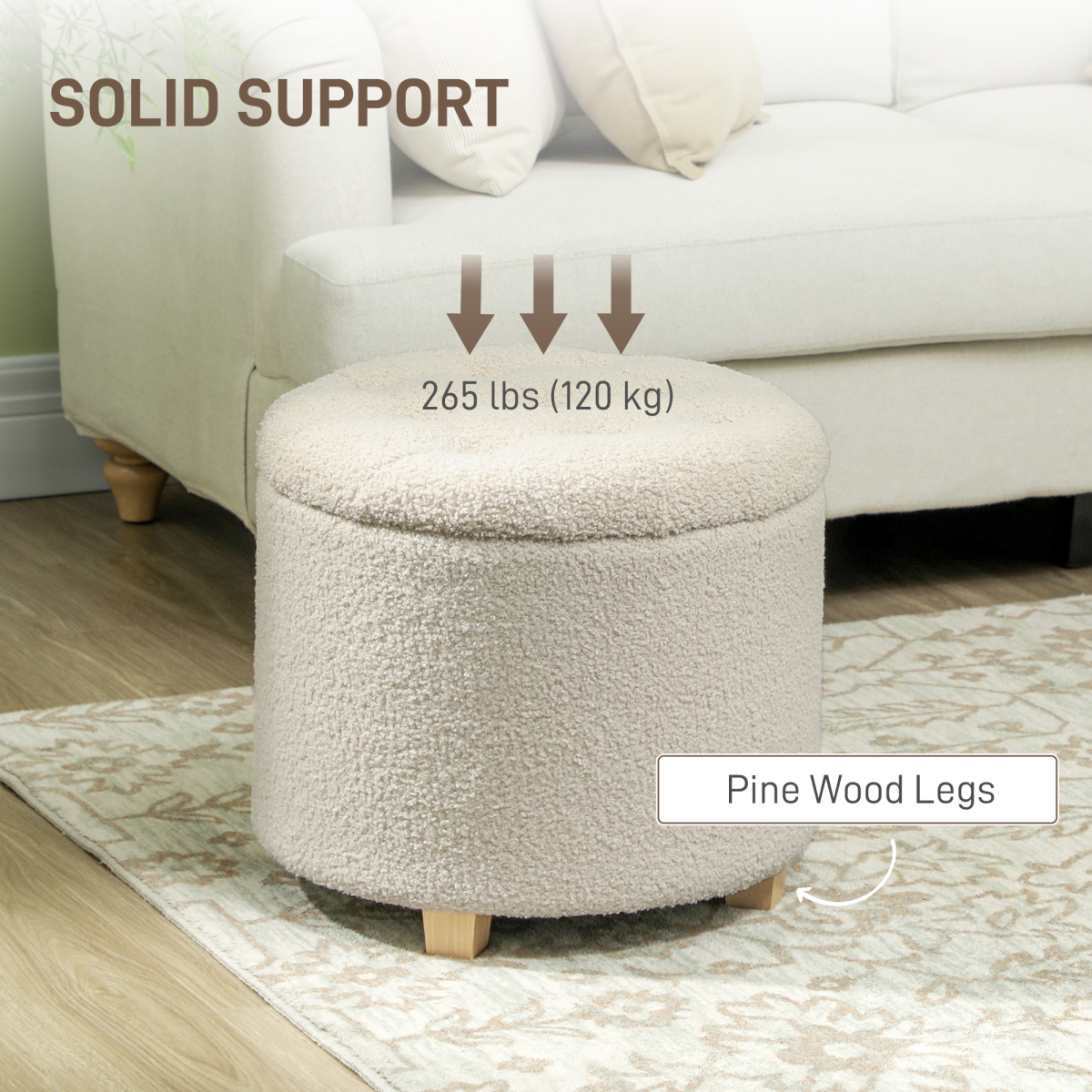 Aurora 45cm Round Ottoman with Storage, Lid, Cashmere Footstool