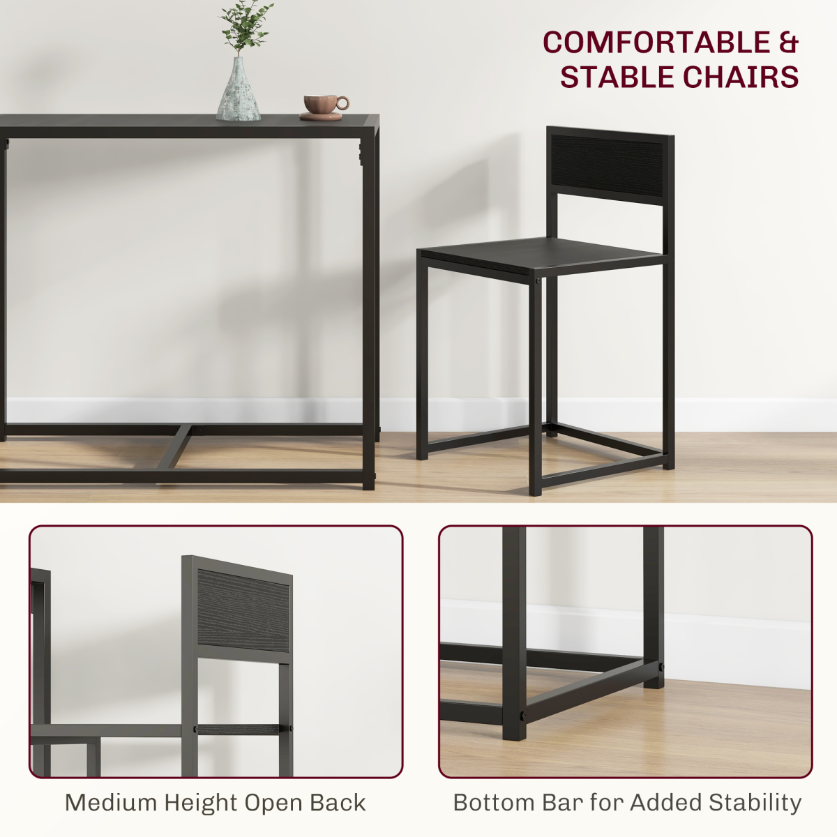 Aurora 3 Piece Dining Table Set with Metal Frame, Black