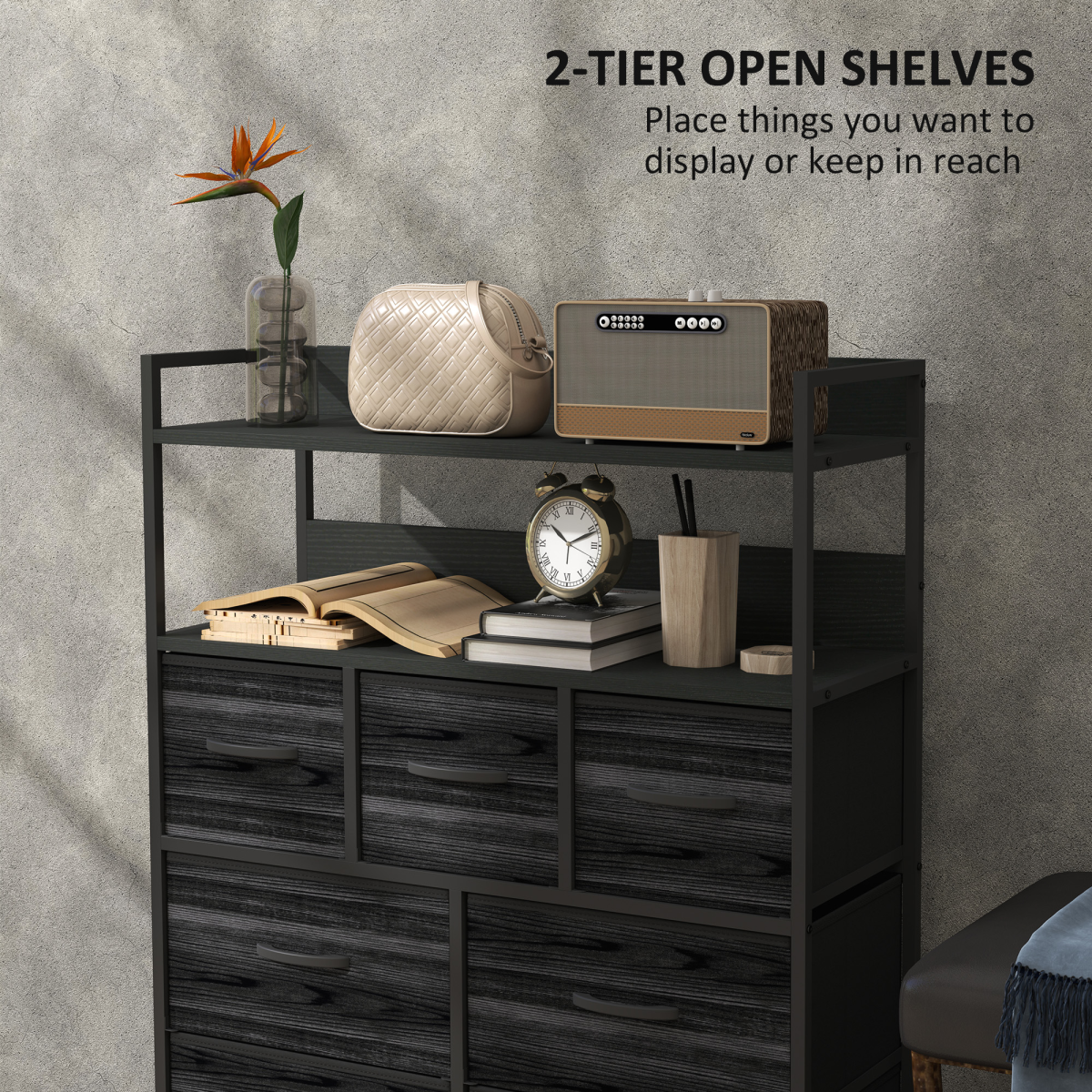 Aurora Bedroom Chest of Drawers 7 Drawer Dresser w/ Shelves