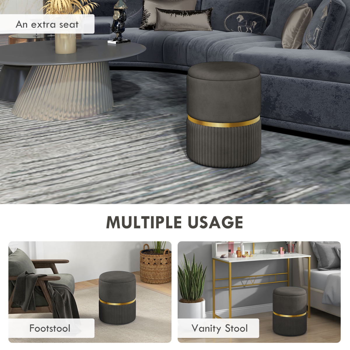 Aurora Round Pouffe, Storage Footstool with Cushioned Top, Hidden Space