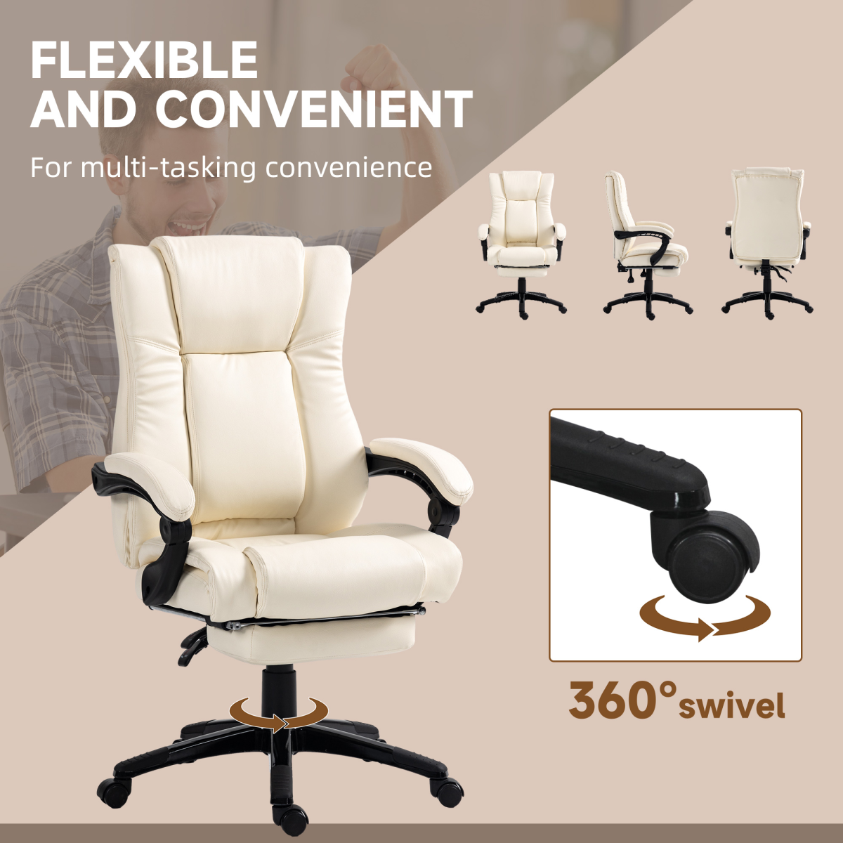 Luna Executive Home Office Chair High Back Recliner, with Foot Rest, Cream