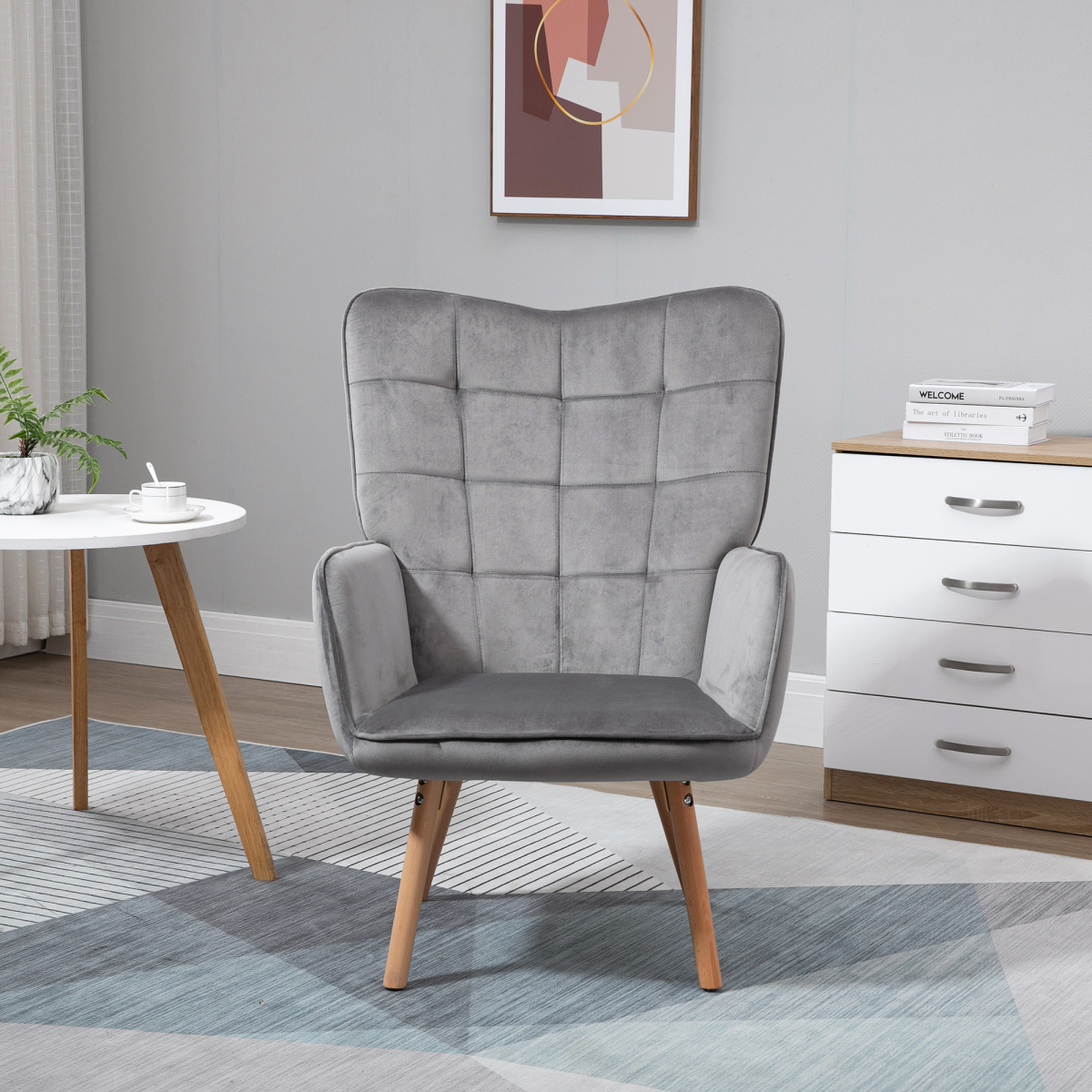 Aurora Modern Accent Chair Velvet-Touch Tufted Wingback Armchair Grey