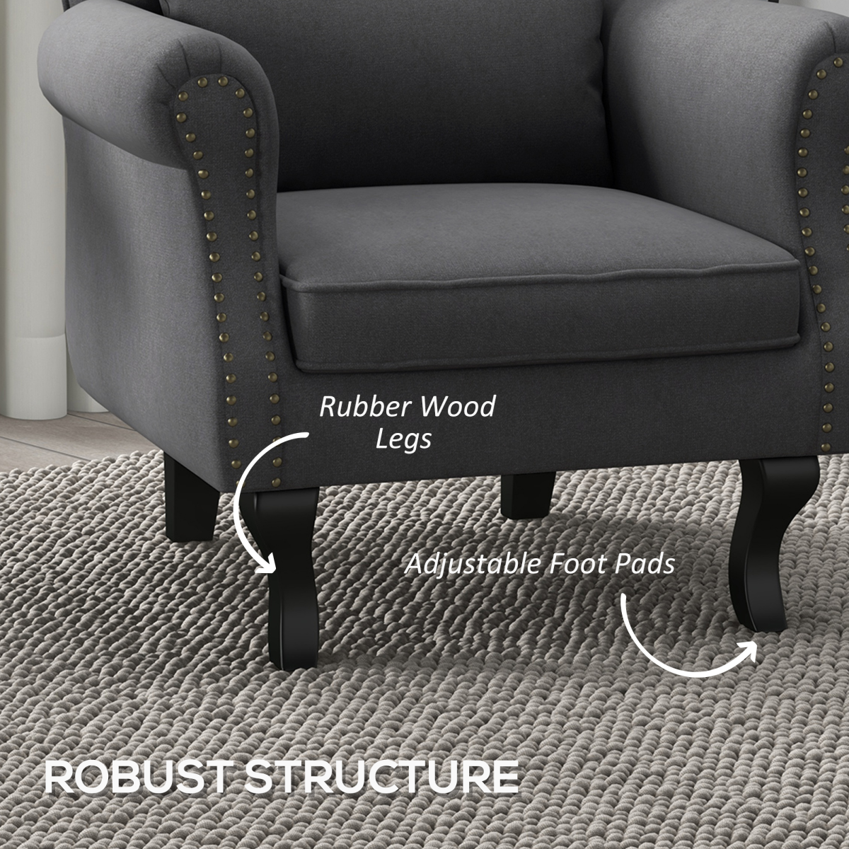Aurora Vintage Armchair Wingback Accent Chair with Naihead Trim Dark Grey
