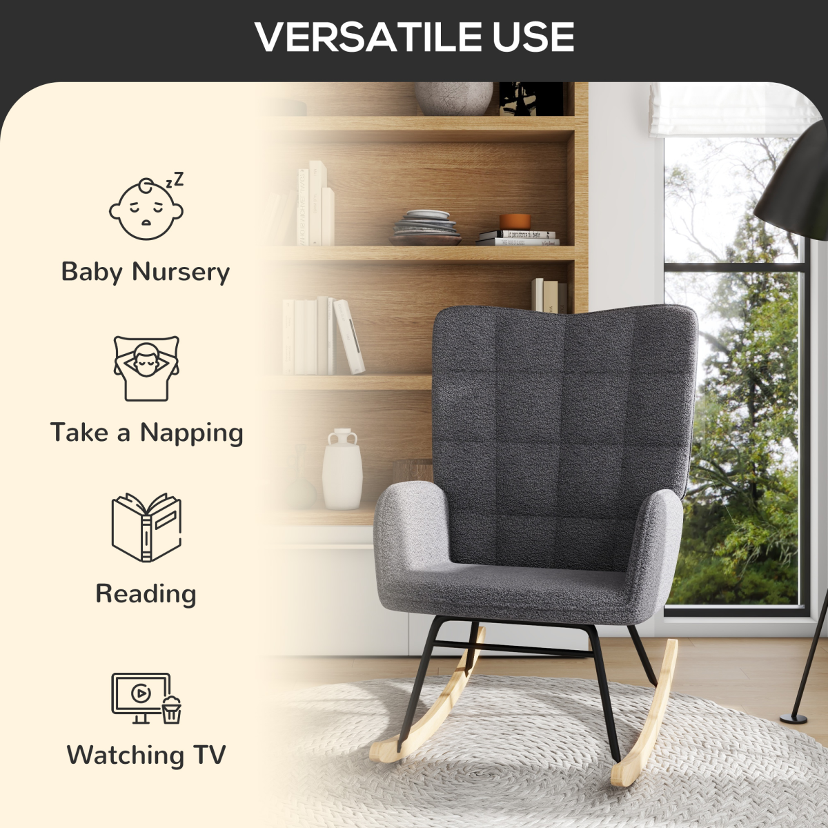 Aurora Wingback Rocking Chair for Nursing w/ Steel Frame