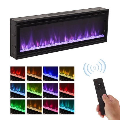 40/50/60inch Black Wall Mounted & Recessed Electric Fireplace with Adjustable Flame & Brightness