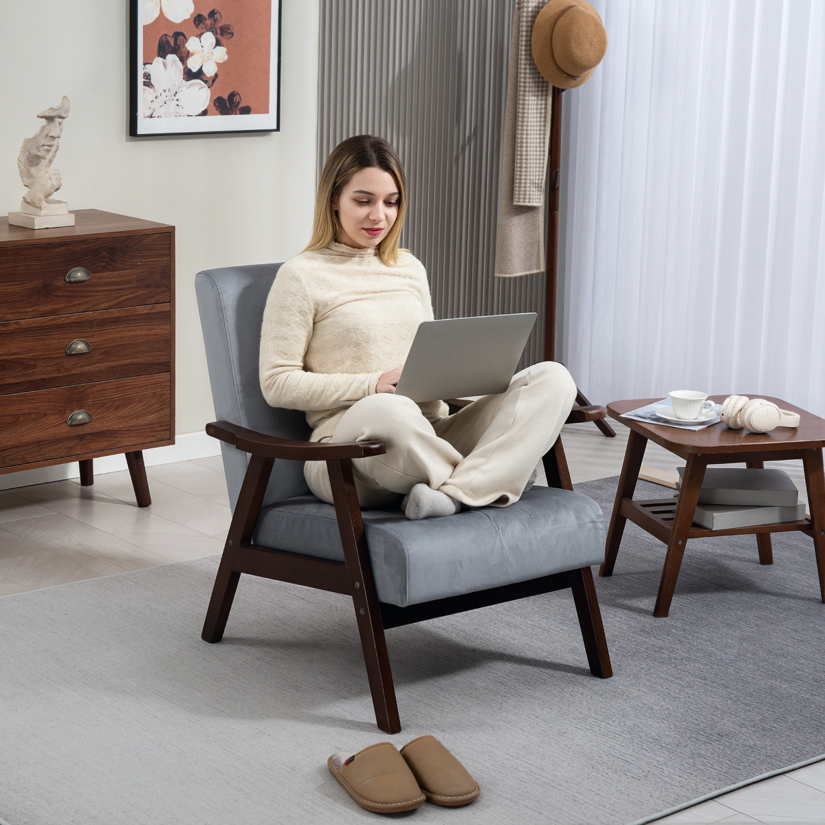 Aurora Velvet Armchair with Solid Wood Frame and Thick Padded
