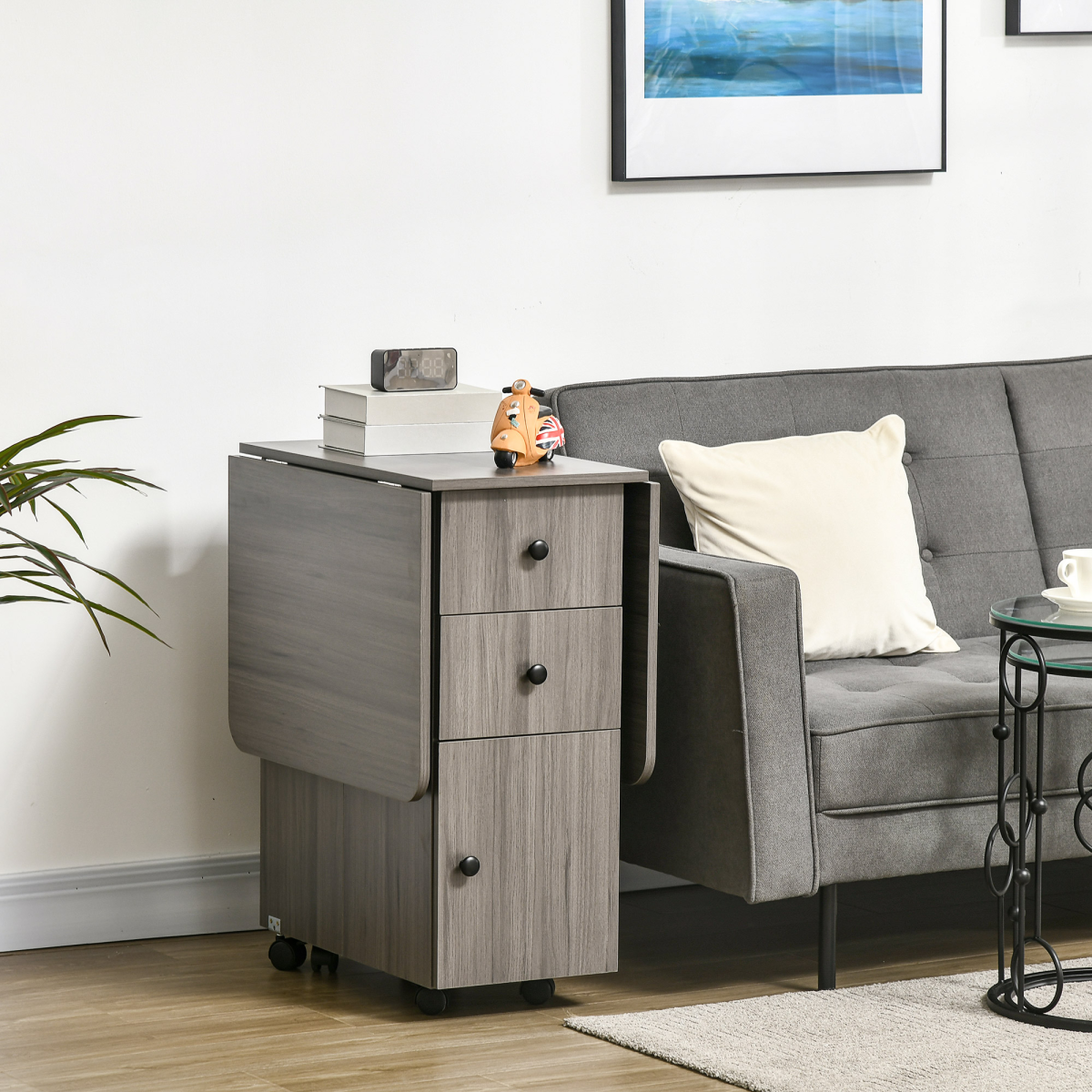 Folding Dining Table, Drop Leaf Table With Storage Drawers Grey