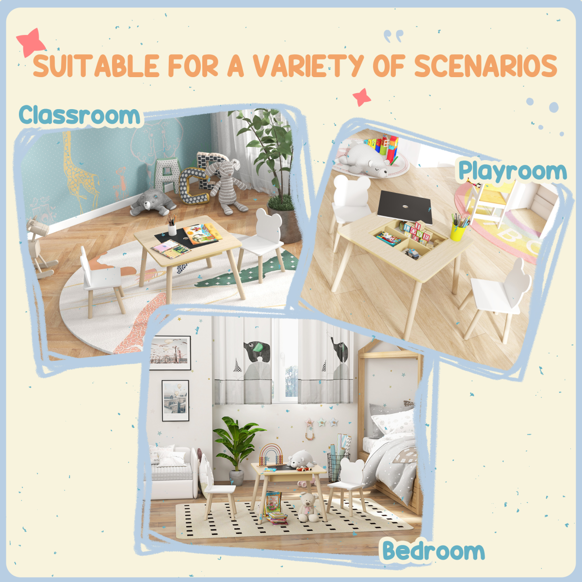 Bellaplay 3-Piece Toddler Table and Chairs Set for Nursery, Playroom