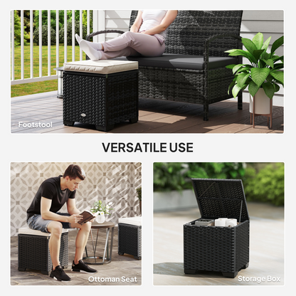Esterno Set of 2 Rattan Footstool, Storage Ottoman w/ Cushions
