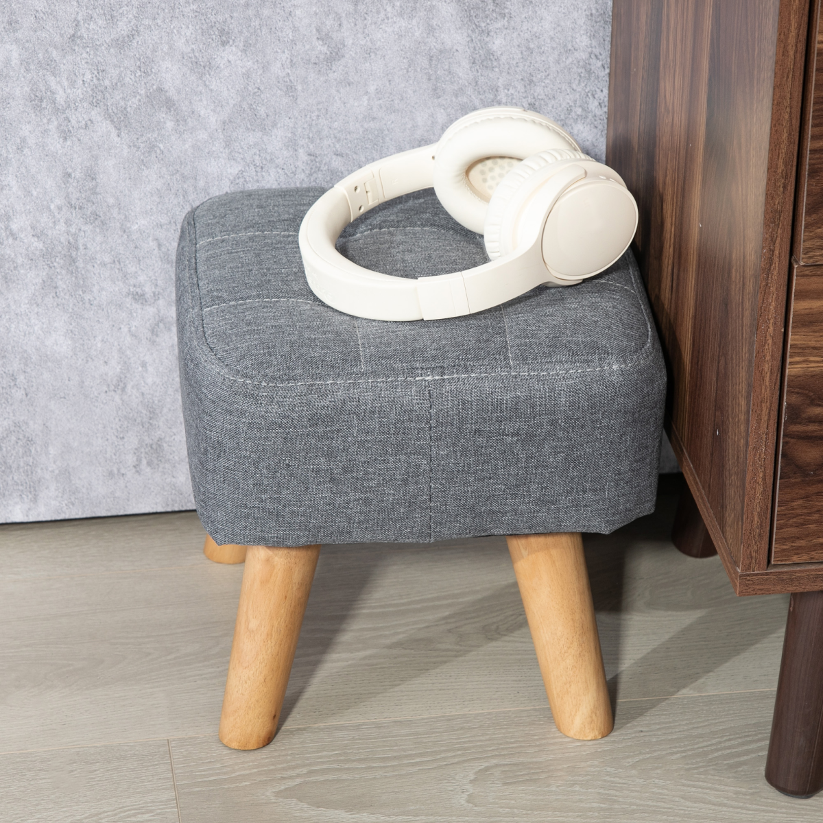 Aurora Modern Footstool, Fabric Foot Rest with Rubber Wood Legs