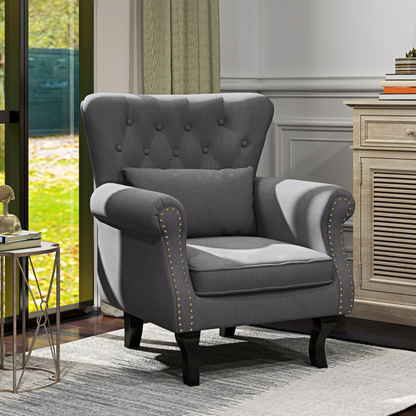 Aurora Vintage Armchair Wingback Accent Chair with Naihead Trim Dark Grey
