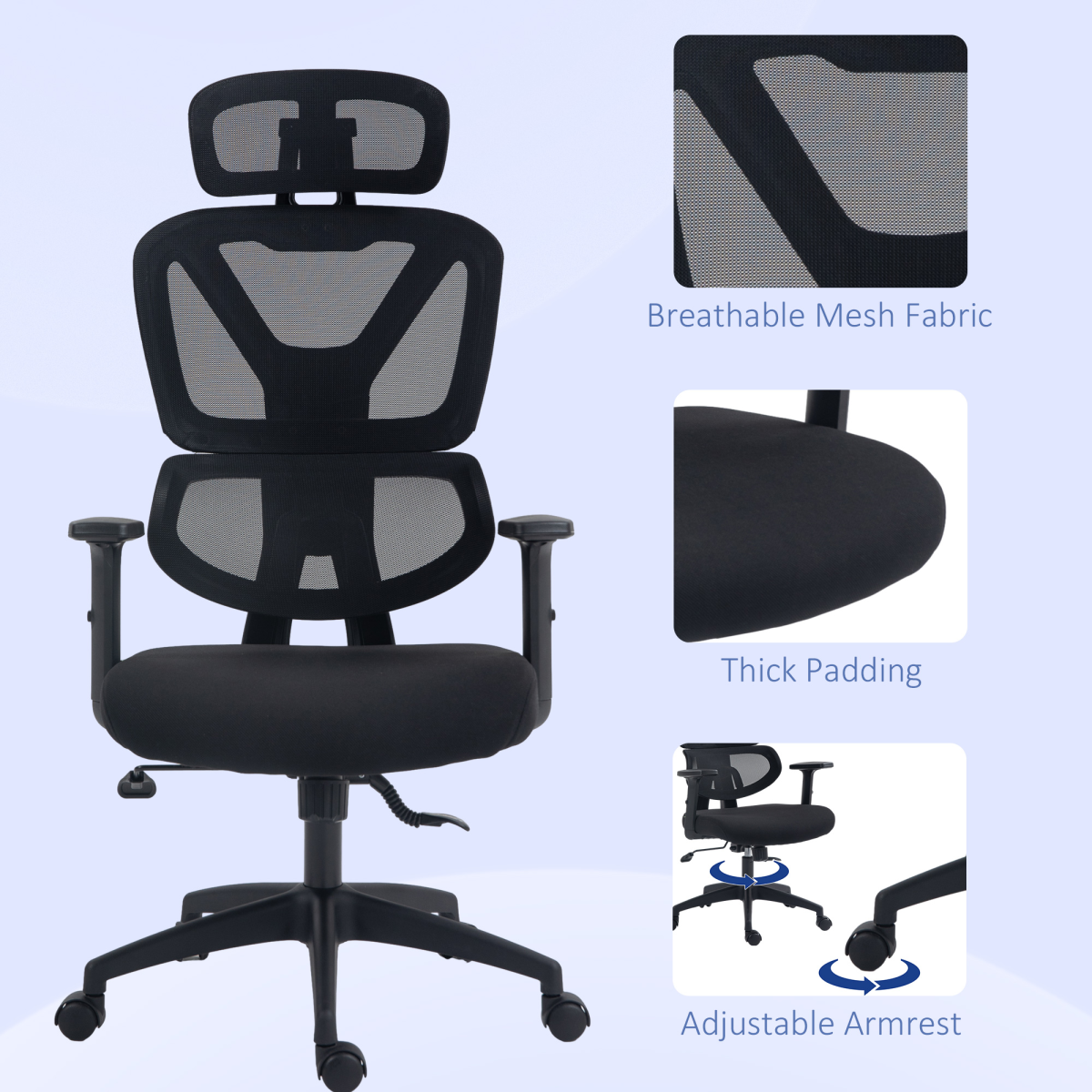 Luna Mesh Office Chair Swivel Desk Chair w/ Adjustable Height Headrest Black