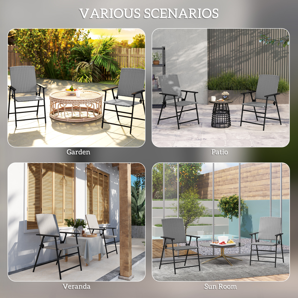 Esterno 2pcs Rattan Chair Foldable Garden Furniture w/ Armrest Grey