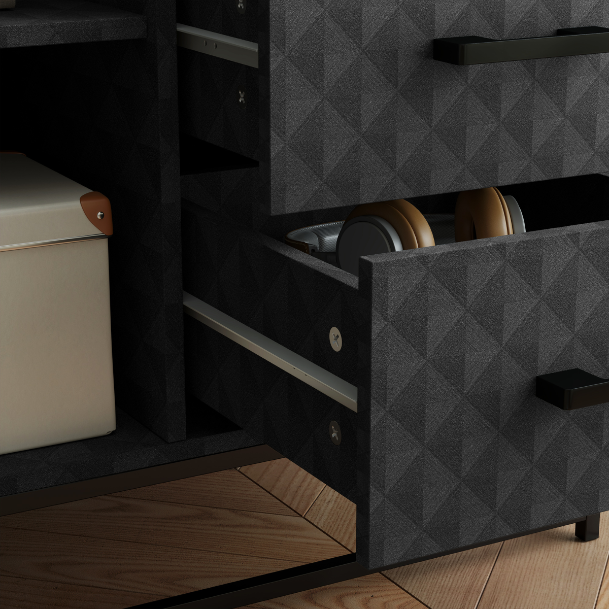 Aurora Cupboard with Adjustable Shelf, Open Compartment, 2 Drawers