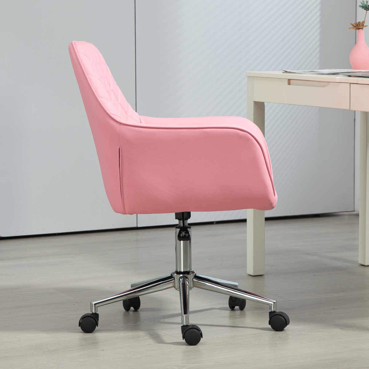 Luna Home Office Chair Leather-Feel Fabric Swivel Chair with Armrests Pink