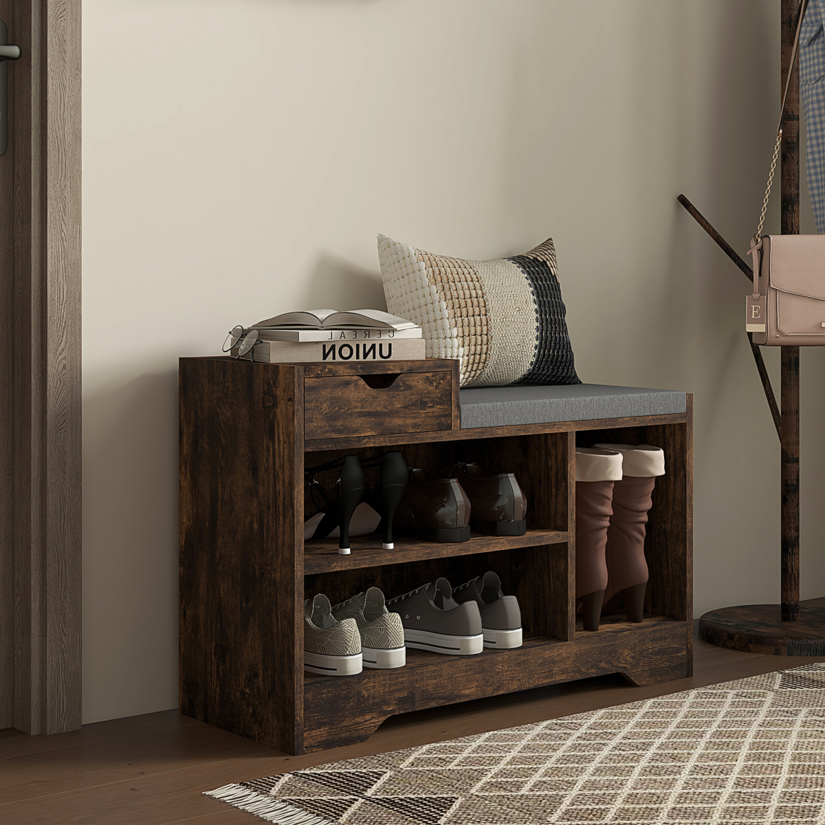 Aurora Upholstered Entryway Shoe Bench with Storage Drawer Distressed
