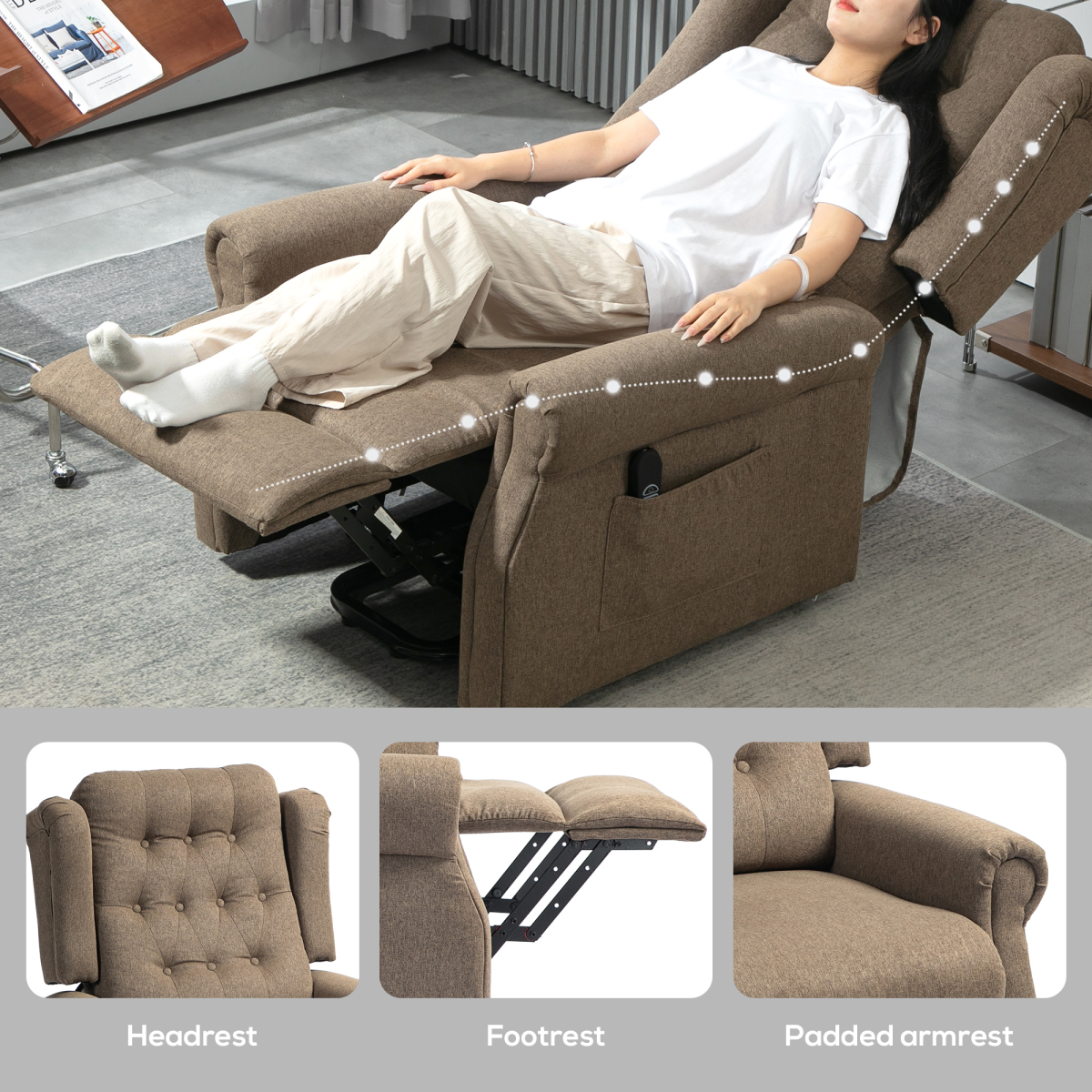 Aurora Power Lift Recliner Armchair with Wingback, Button Tufted, Brown