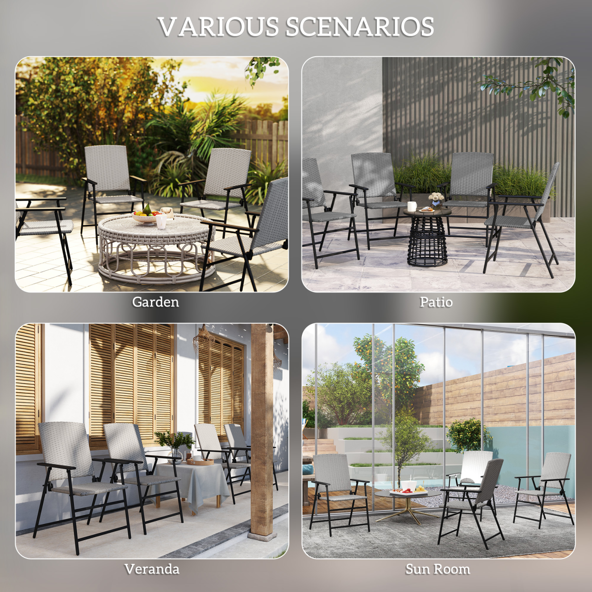 Esterno 4pcs Rattan Chair Foldable Garden Furniture w/ Armrest Grey