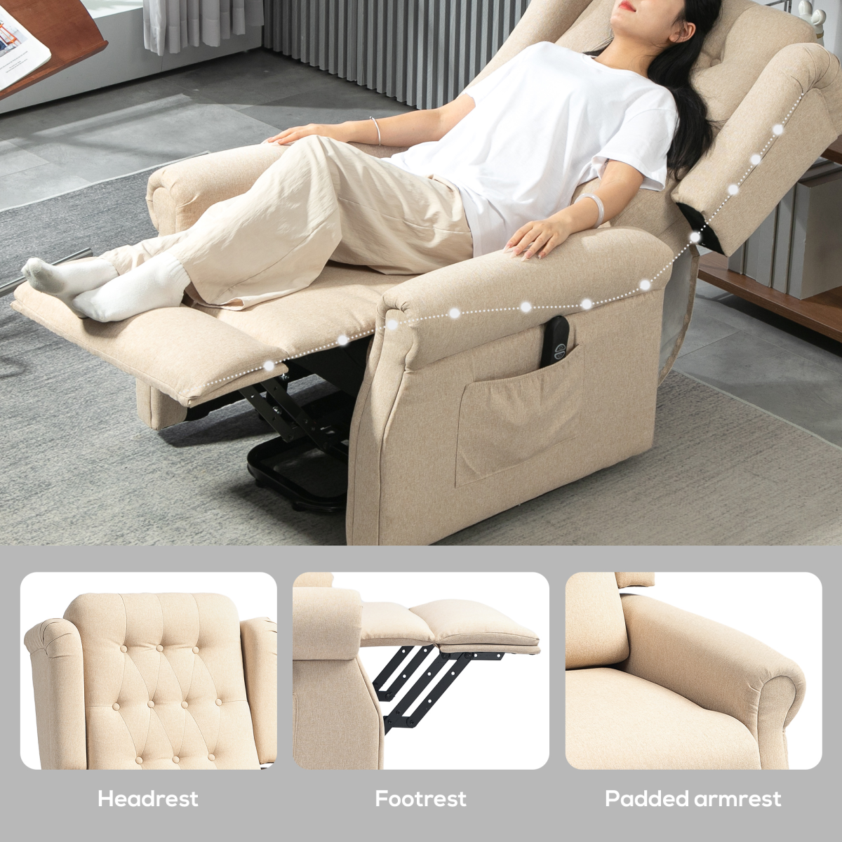 Aurora Power Lift Recliner Armchair with Wingback, Button Tufted, Beige