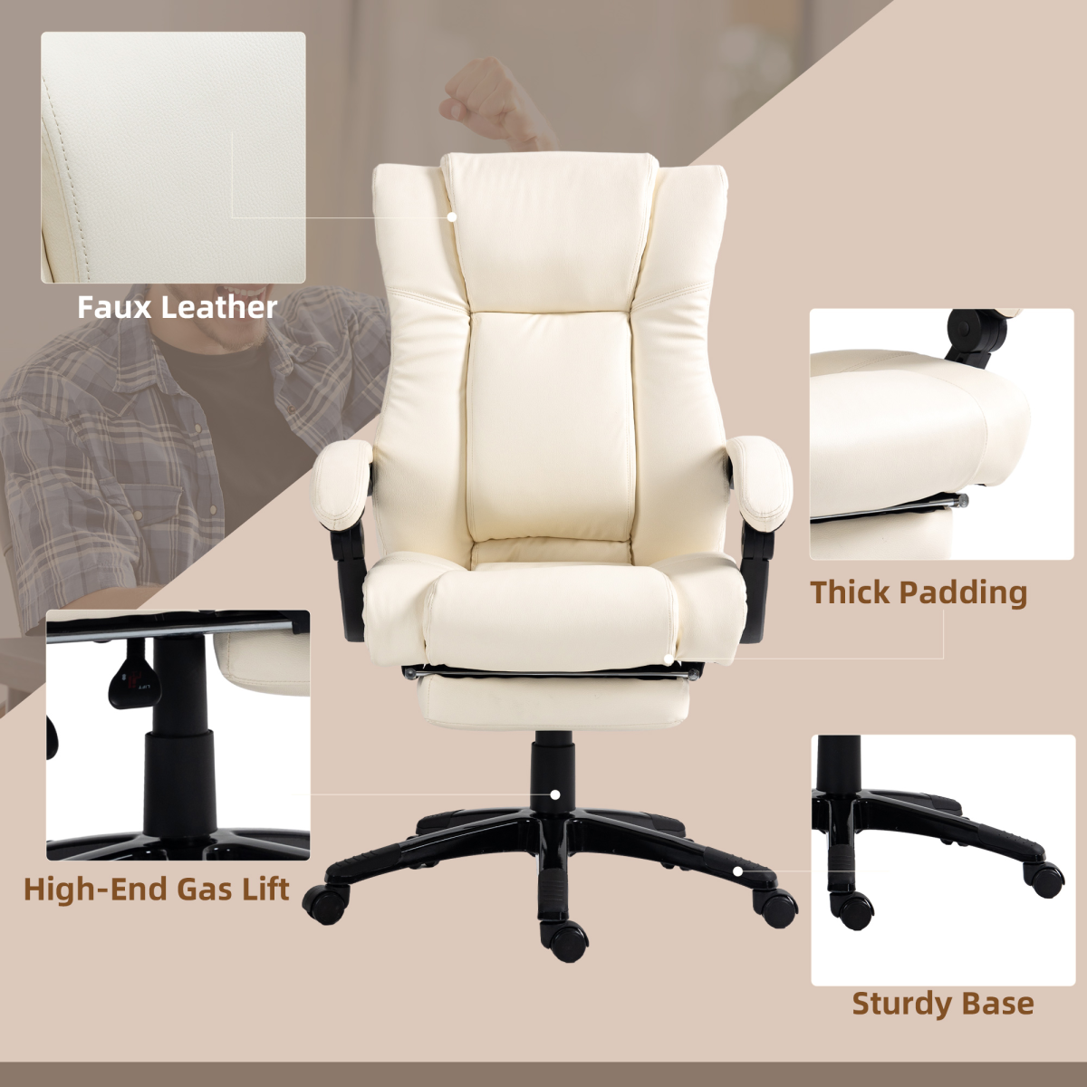 Luna Executive Home Office Chair High Back Recliner, with Foot Rest, Cream