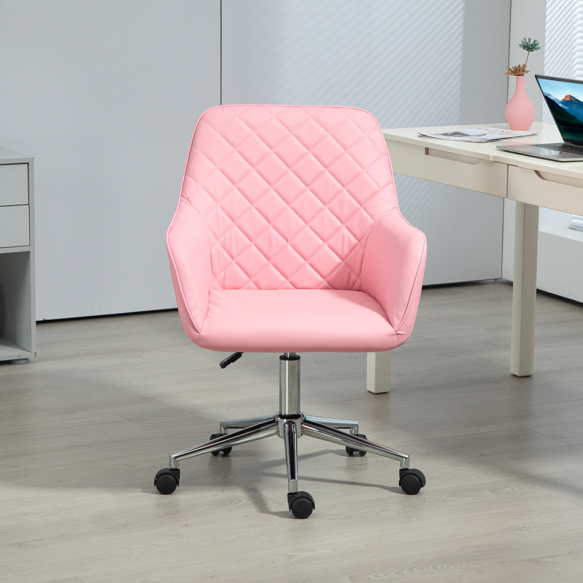 Luna Home Office Chair Leather-Feel Fabric Swivel Chair with Armrests Pink