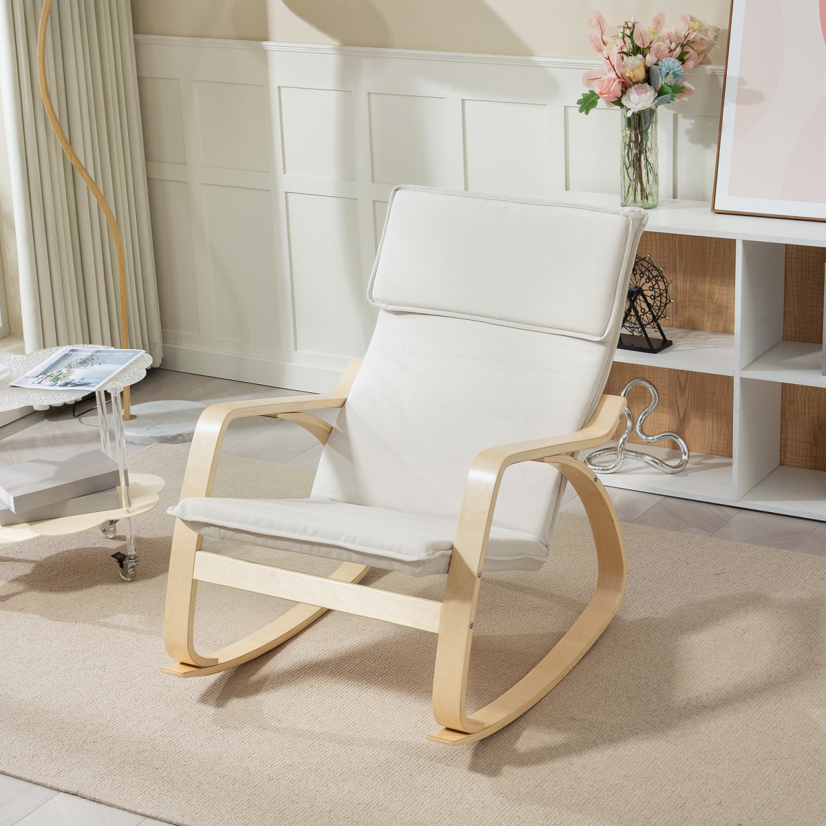Aurora Comfortable Relax Rocking Chair with High Back, Cream White