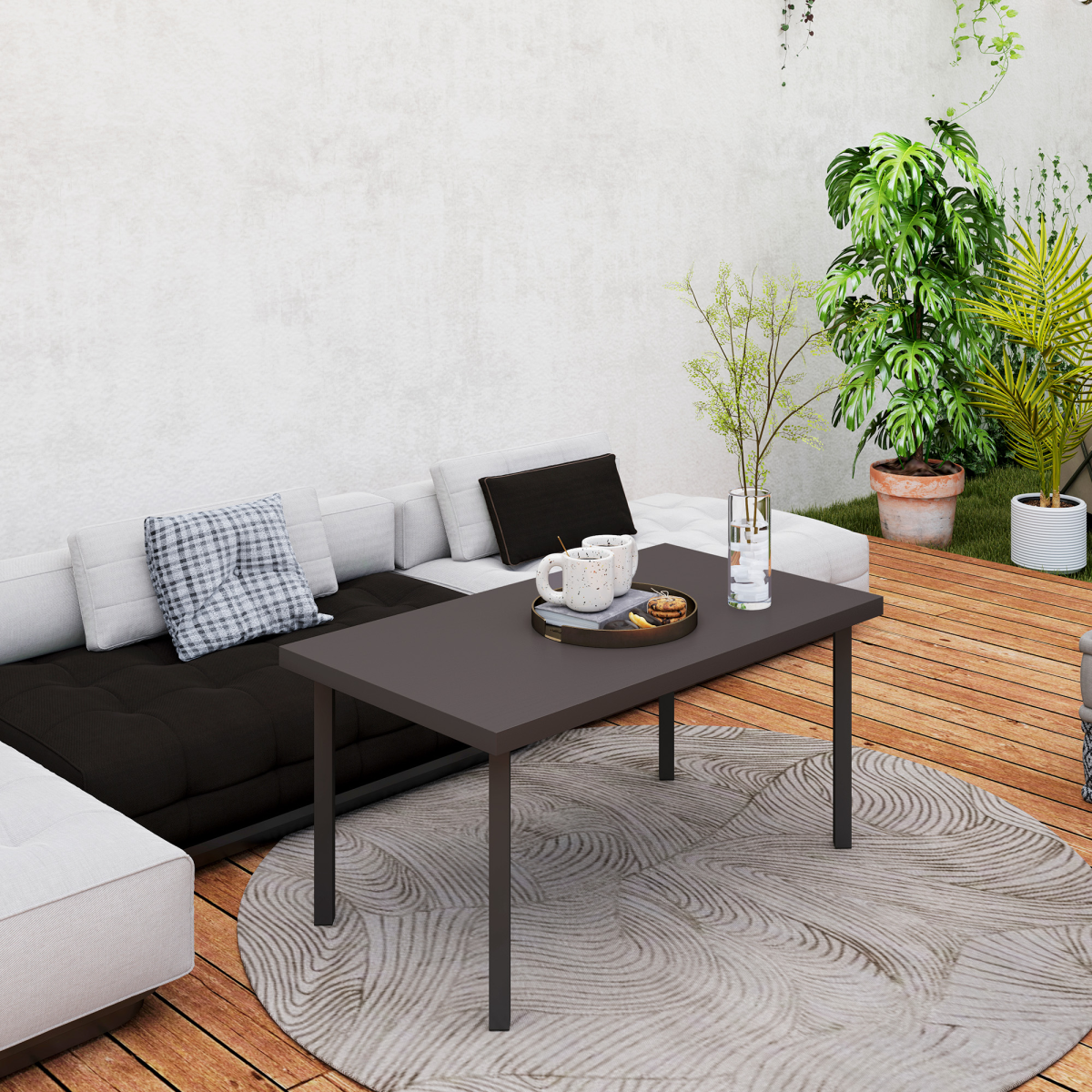 Esterno Metal Garden Coffee Table with Woodgrain Tabletop, Brown