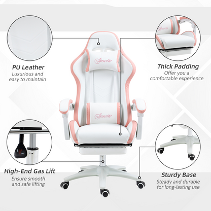 Luna Racing Style Gaming Chair with Reclining Function Footrest, Pink