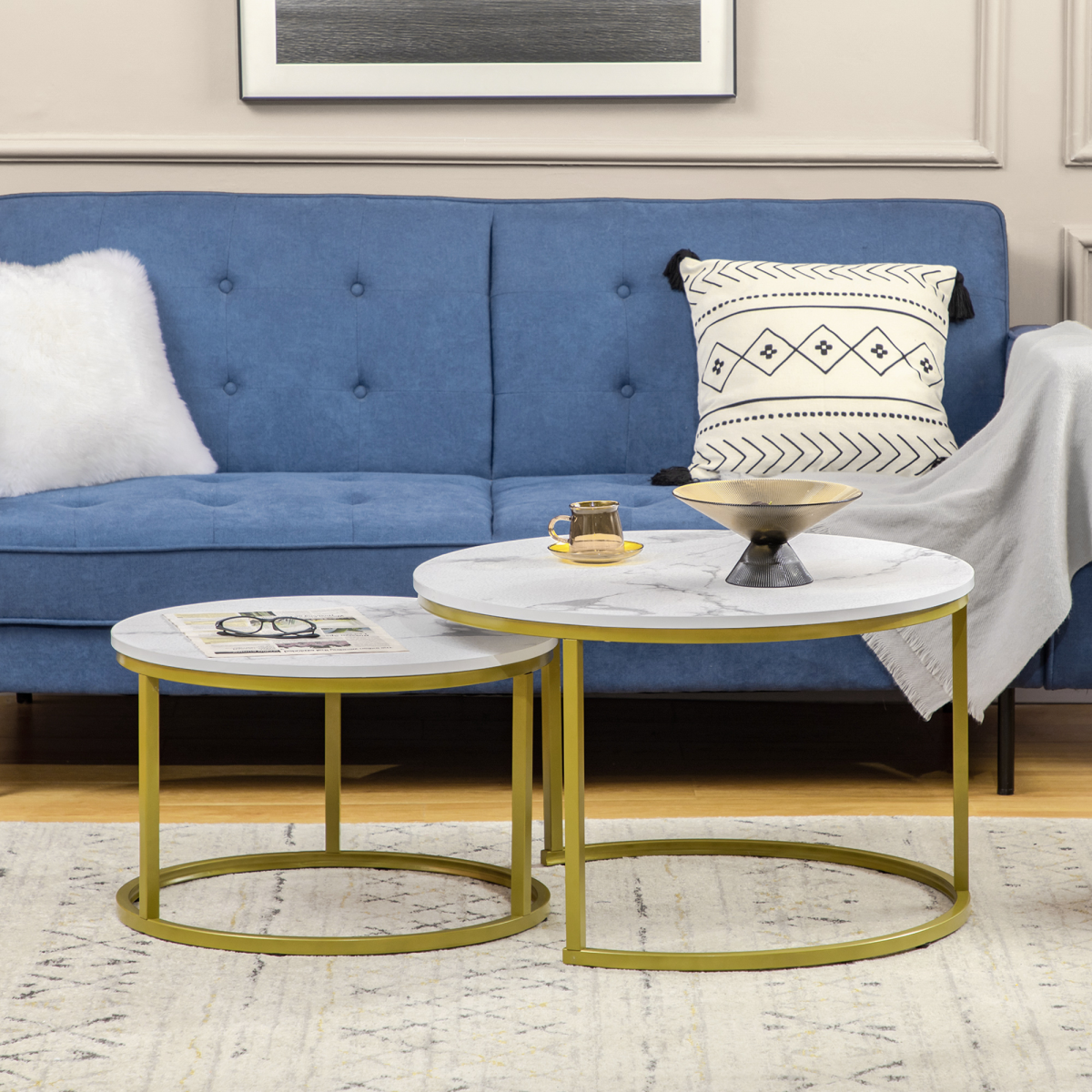 Aurora  Marble Coffee Table Set of 2, Round Nest of Tables for Living Room