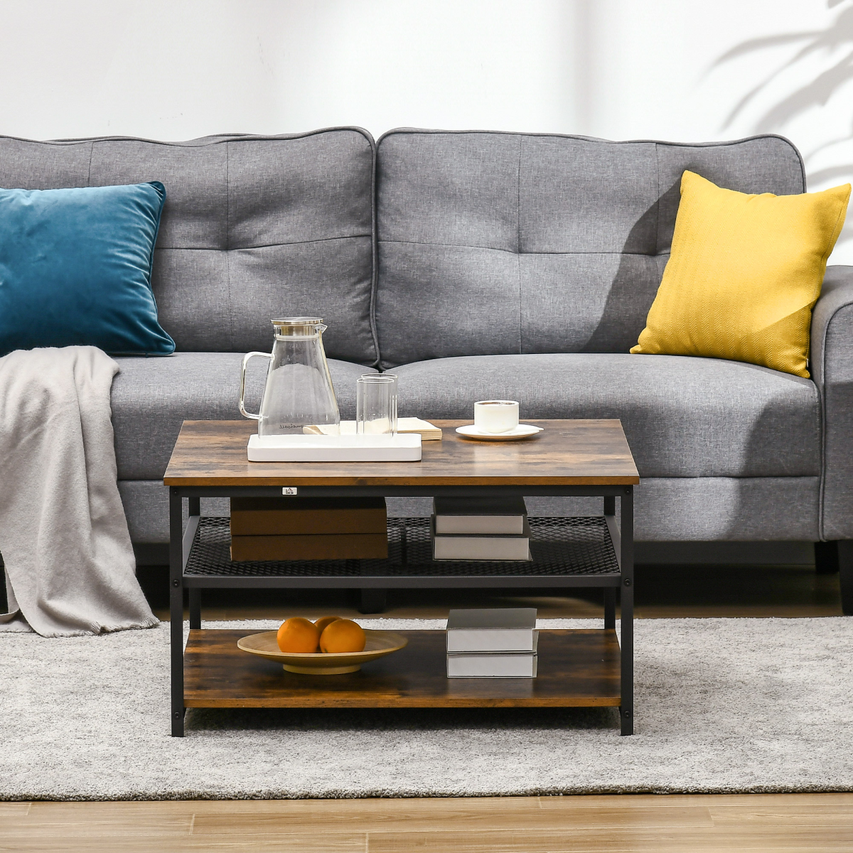 Aurora Industrial Coffee Table, Cocktail Table  Storage Shelves, Rustic Brown