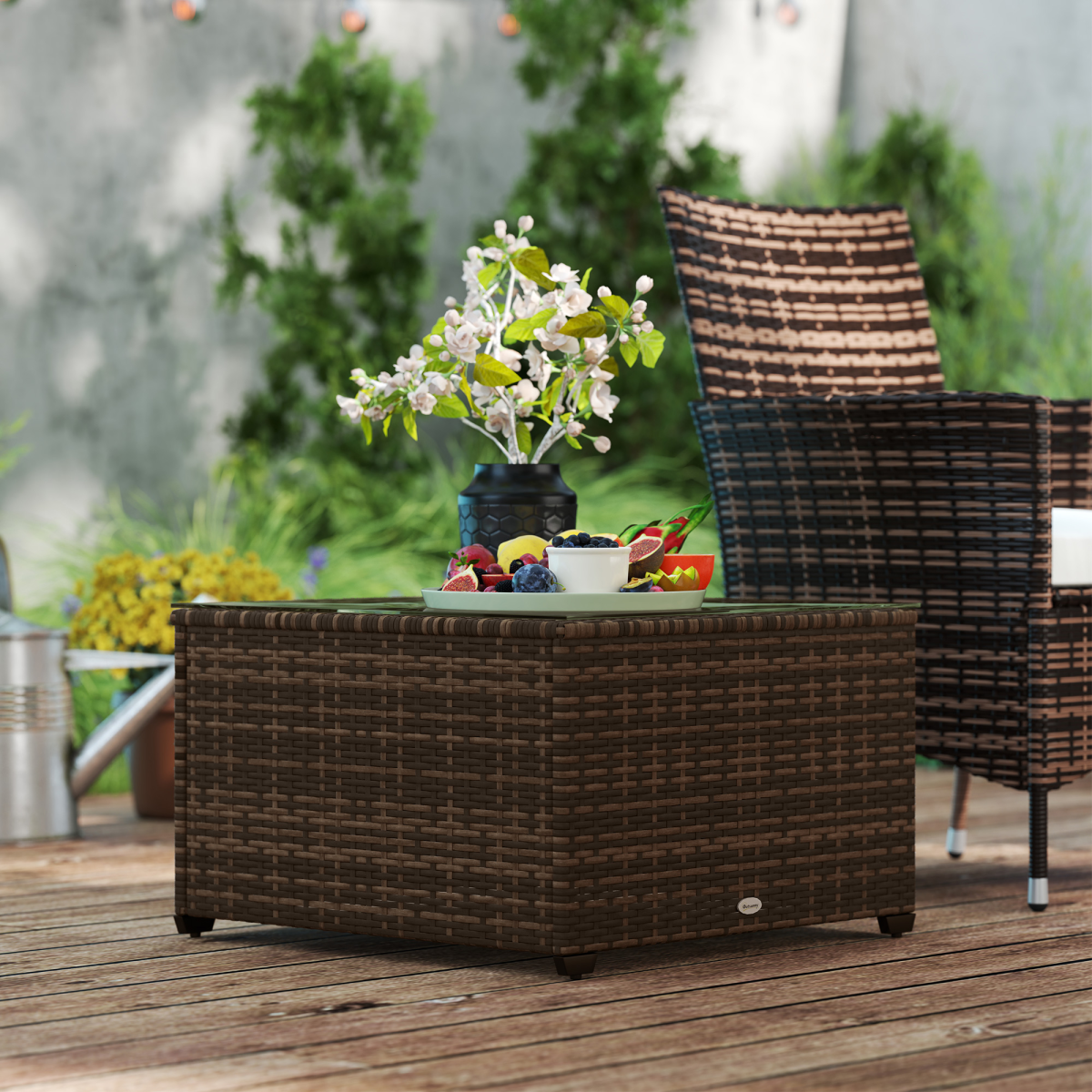 Esterno Outdoor Coffee Table with Glass Top, Rattan Side Table