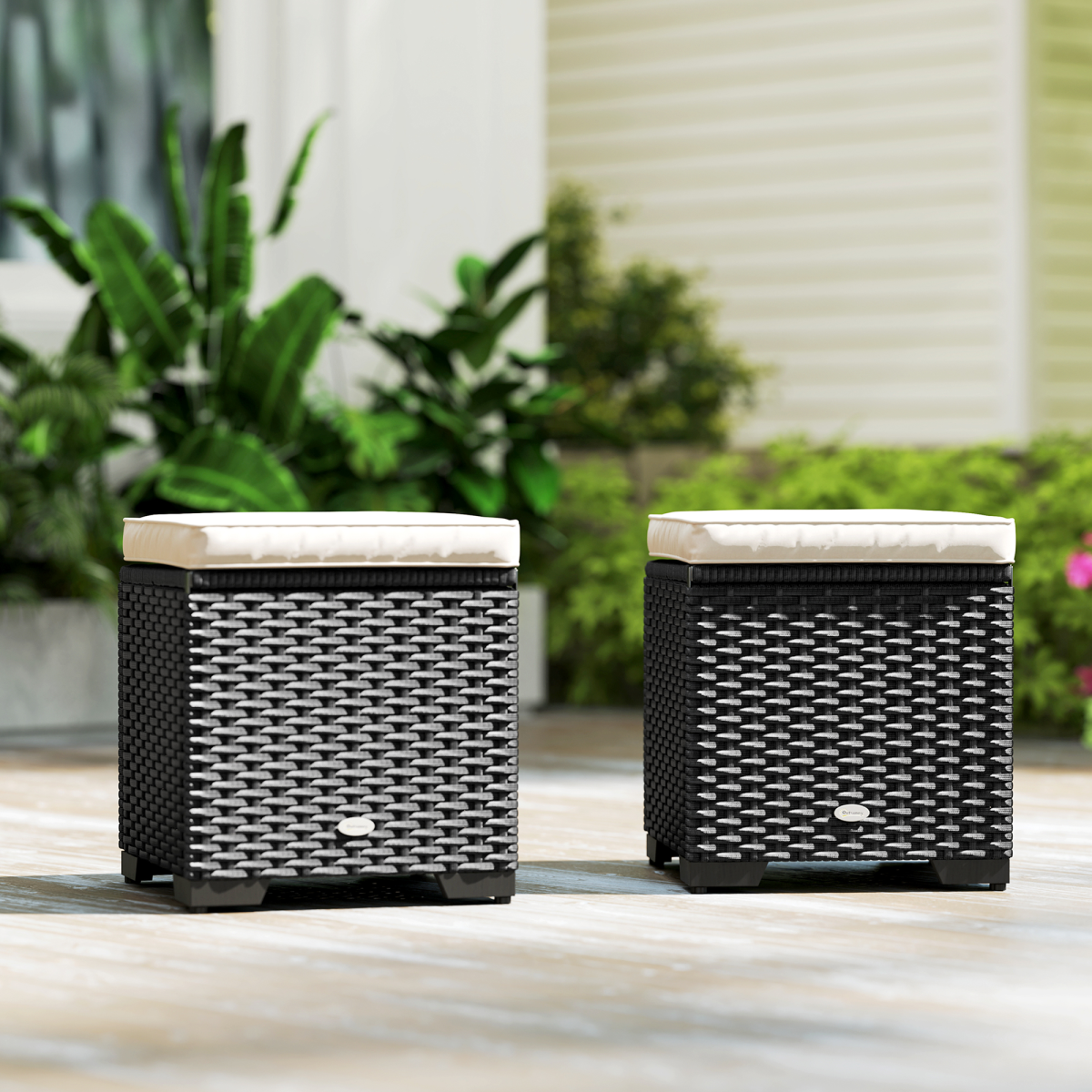 Esterno Set of 2 Rattan Footstool, Storage Ottoman w/ Cushions
