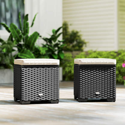 Esterno Set of 2 Rattan Footstool, Storage Ottoman w/ Cushions