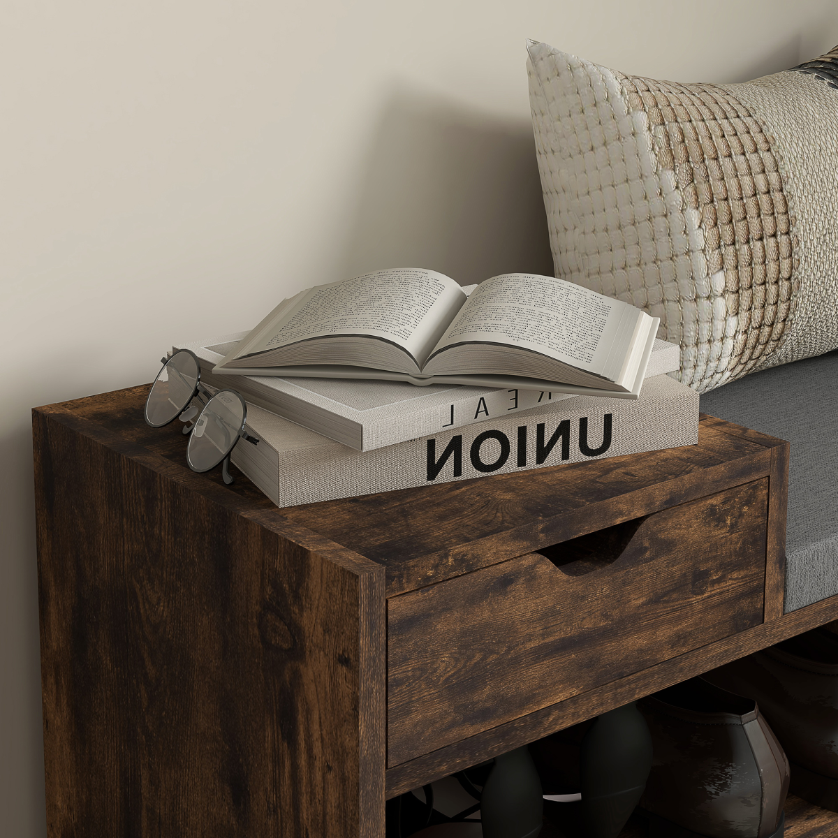 Aurora Upholstered Entryway Shoe Bench with Storage Drawer Distressed