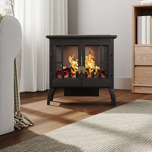 Black Freestanding Electric Fireplace Heater with Adjustable Flame Brightness