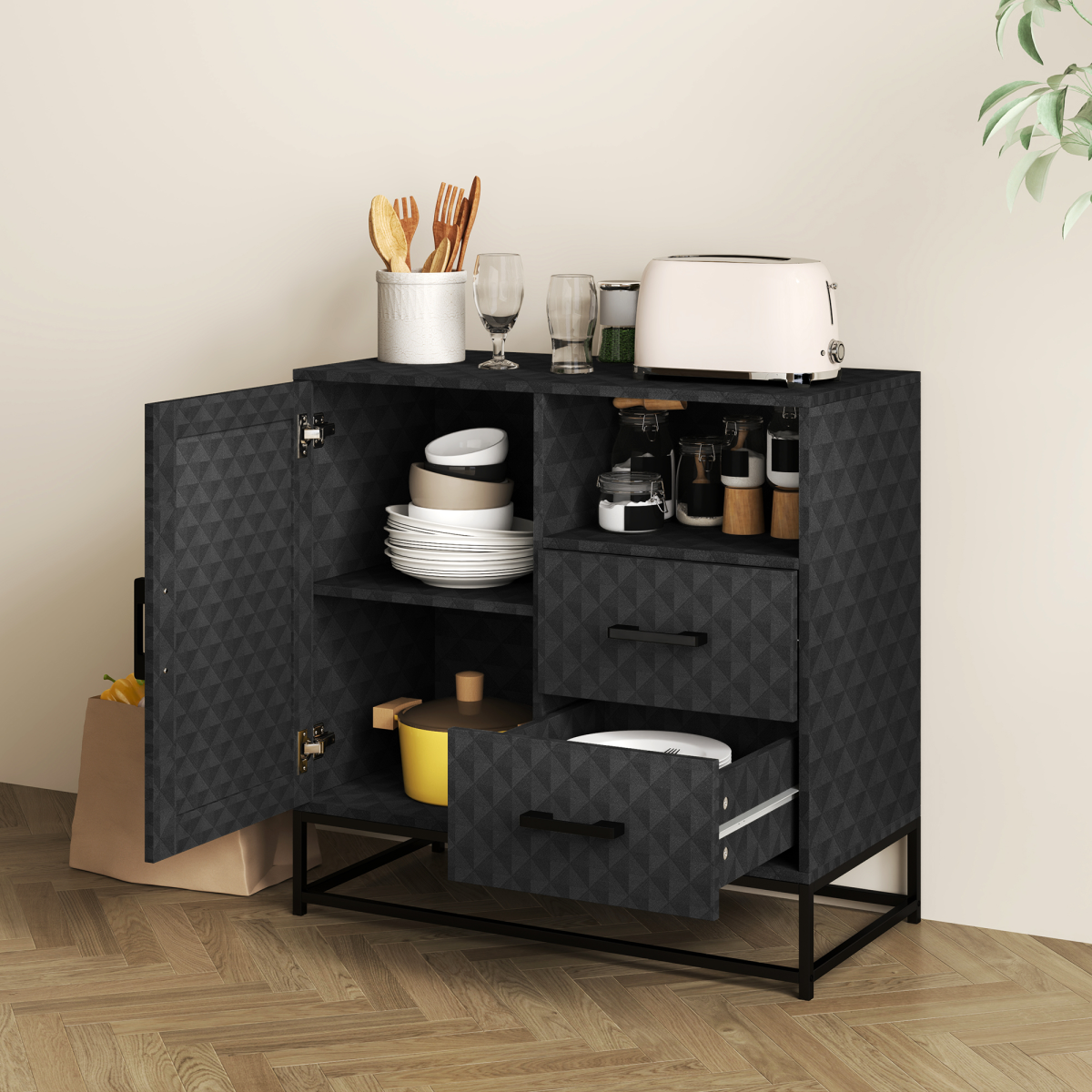 Aurora Cupboard with Adjustable Shelf, Open Compartment, 2 Drawers